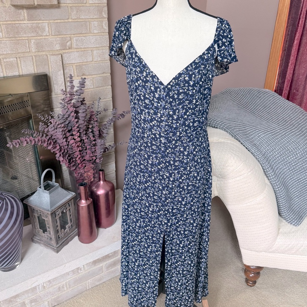 REFORMATION Baxley Floral Print Flutter Sleeve Midi Dress - Twilight